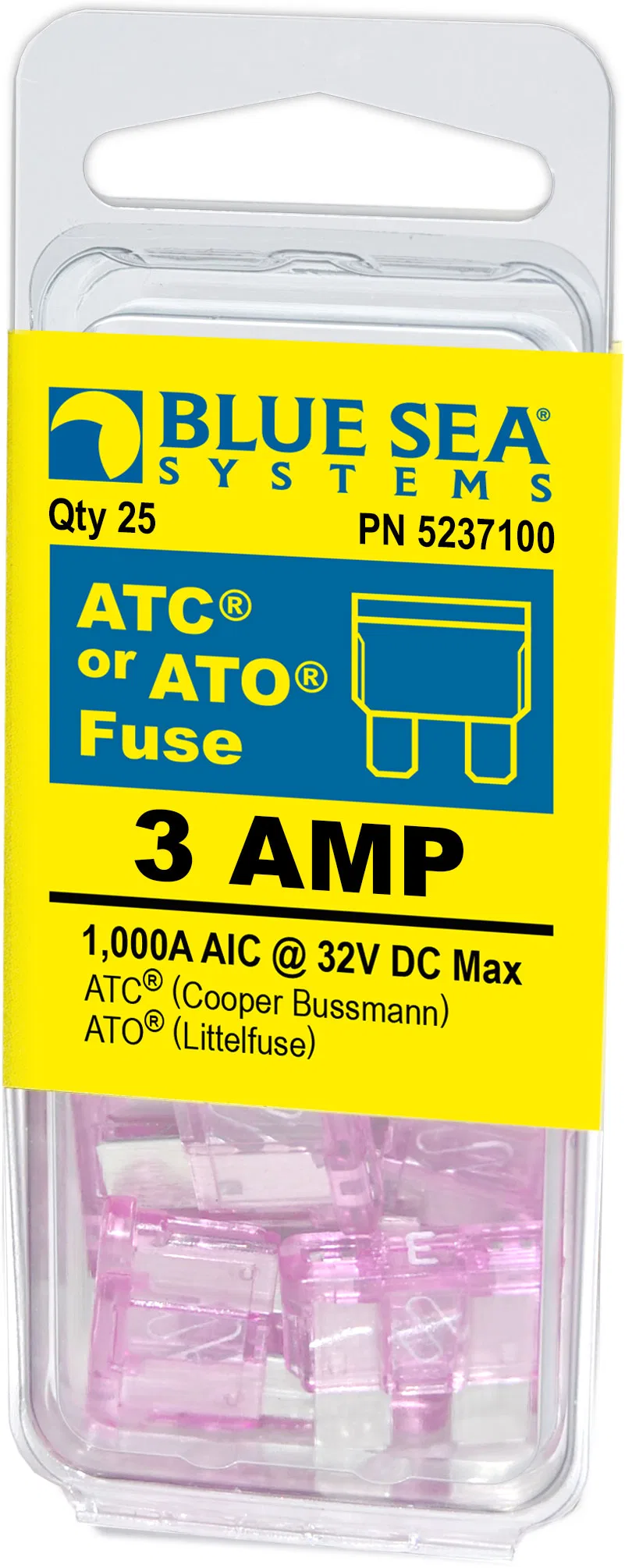 5237100-BSS – BLUE SEA Fuse, Blade Fuse ATO/ ATC 3 Amps/ 32 Volts DC Pack Of 25